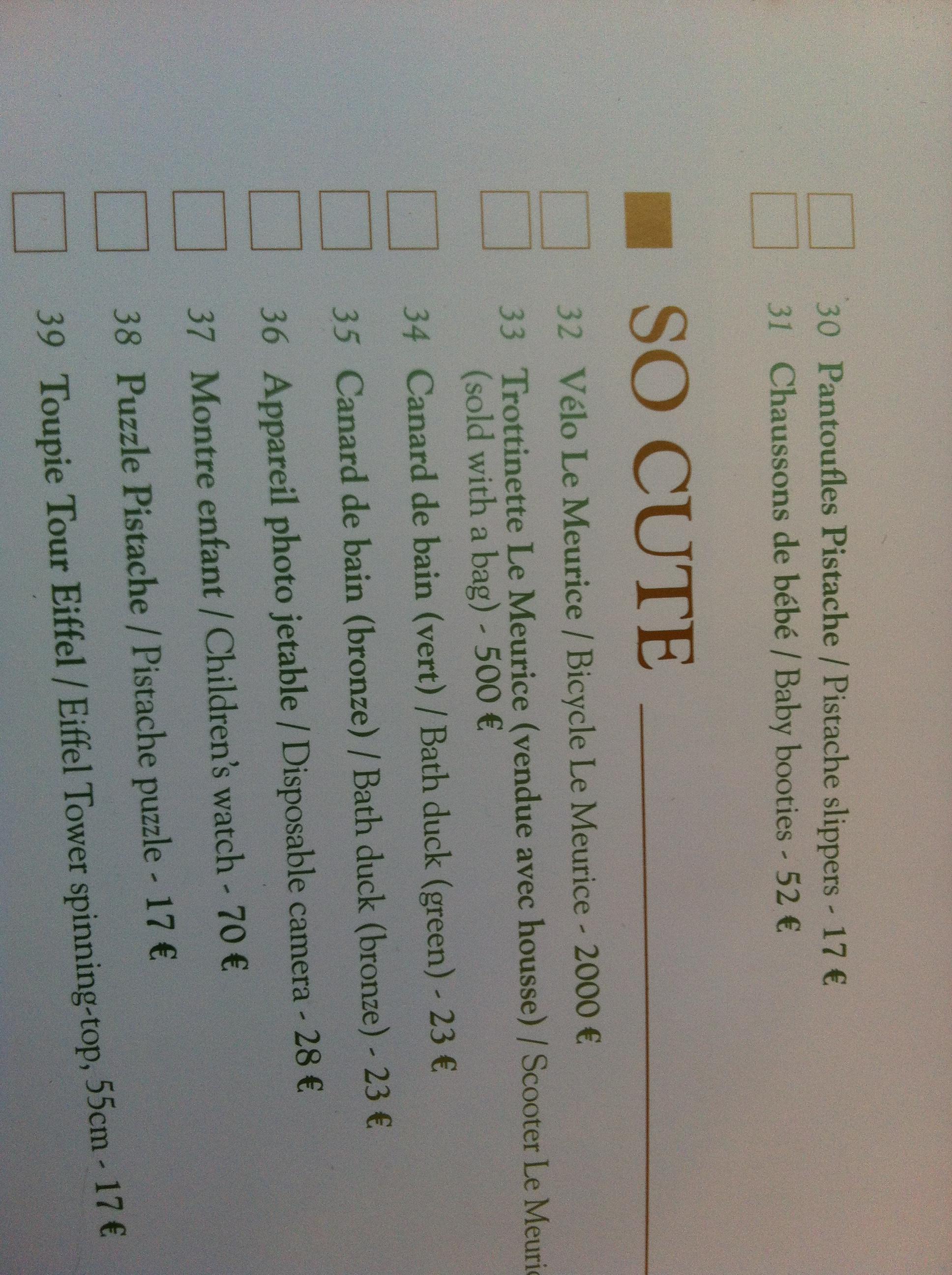 Menu des articles à vendre dans la chambre du Le Meurice