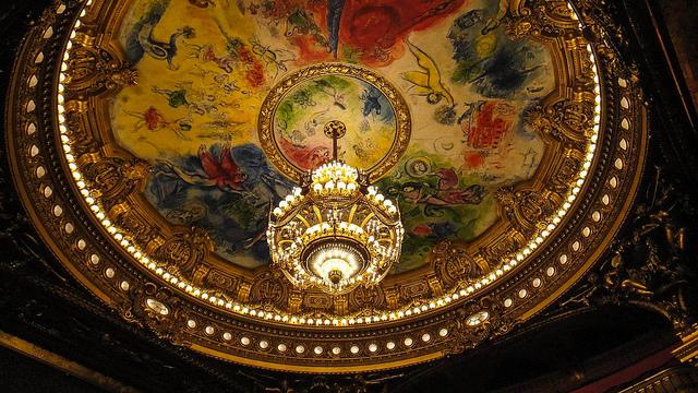 Le plafond peint par Marc Chagall de l'Opéra Garnier à Paris.